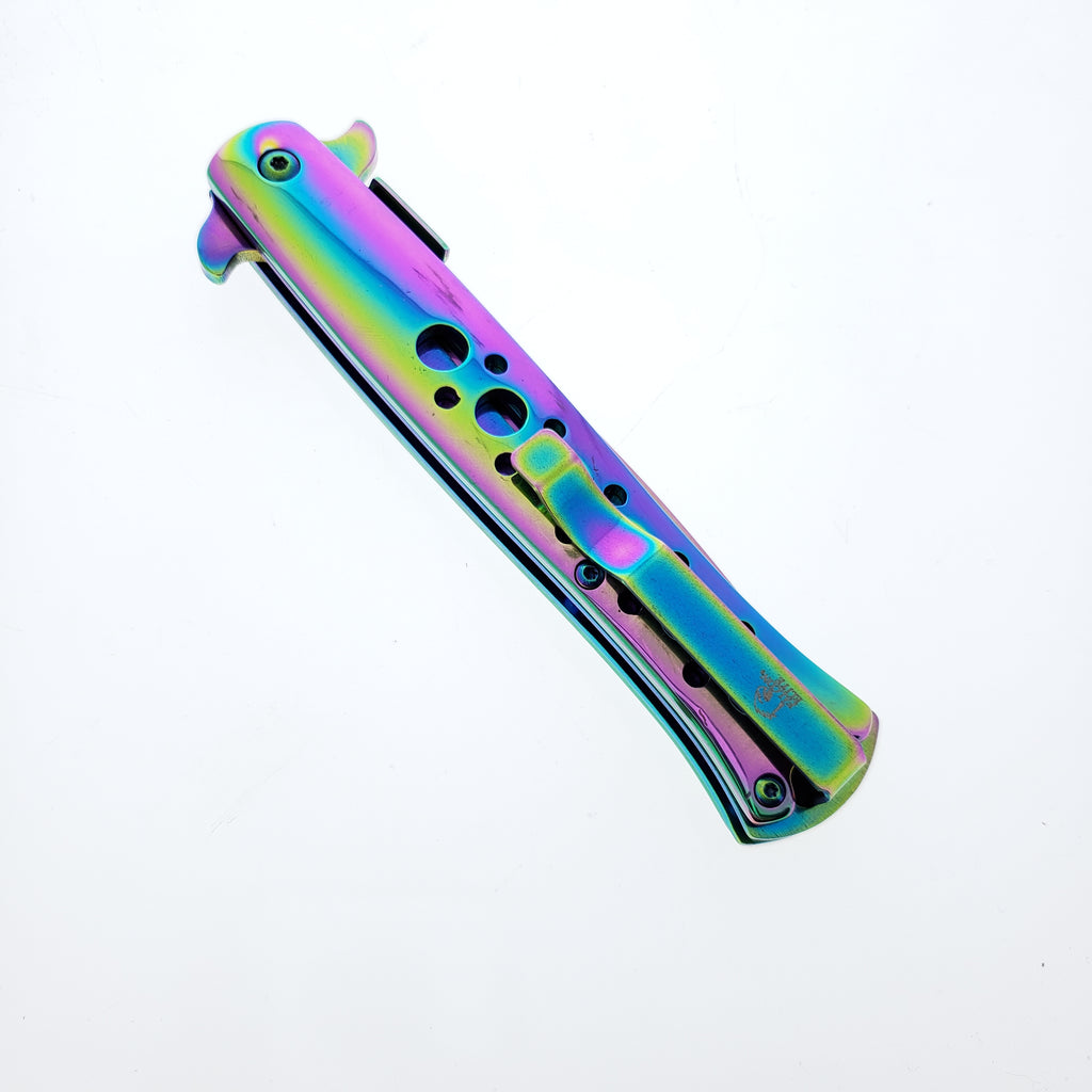 Falcon 9" Overall Metal Spring Assisted Knife With Rainbow Coating