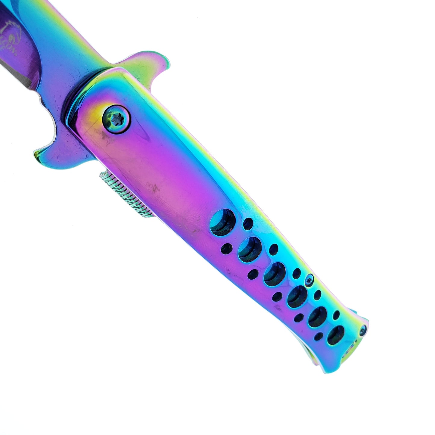 Falcon 9" Overall Metal Spring Assisted Knife With Rainbow Coating