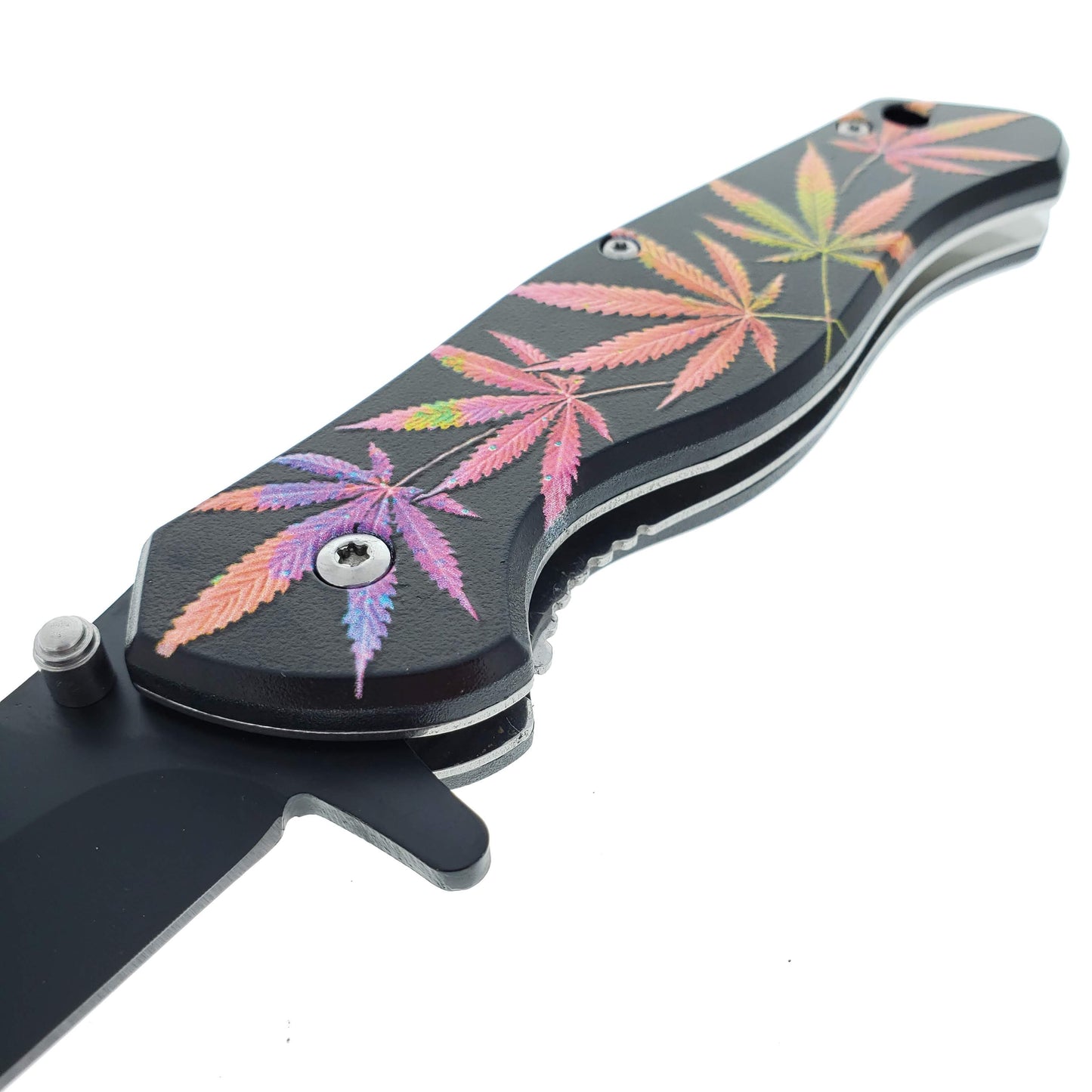 7.5" Spring Assisted Pocket Knife Purple Marijuana Leaf Handle