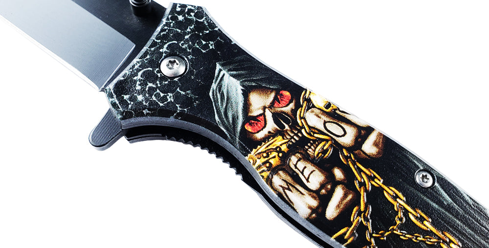 8" Spring Assisted Knife Grim Reaper Print on Handle