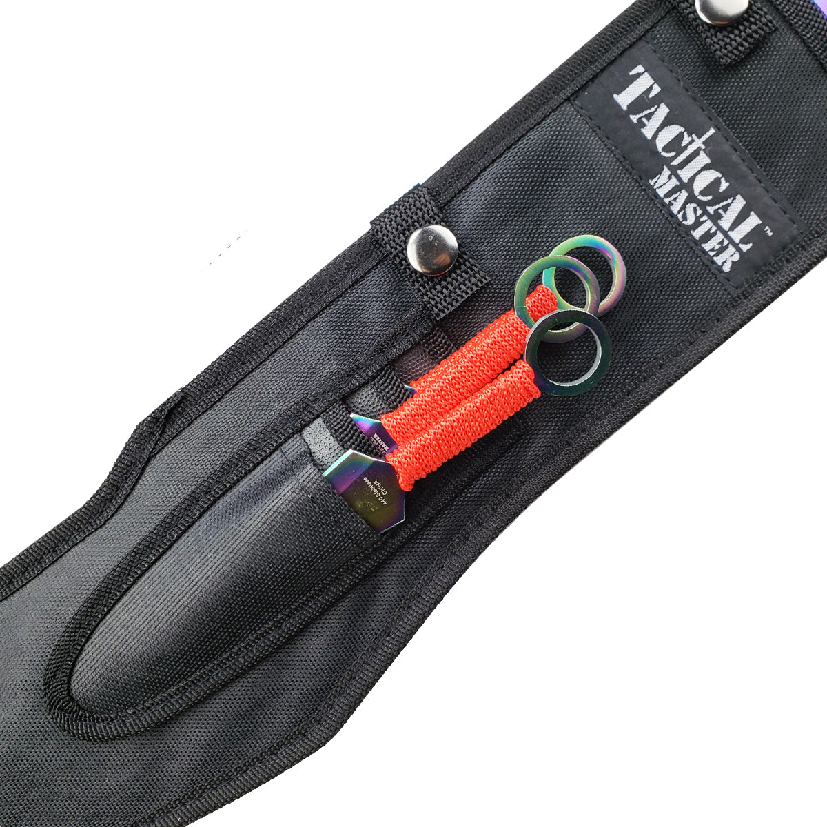 Tactical Master 26" Red Handle Rainbow Blade Machete with 3 pcs 6" throwing knife