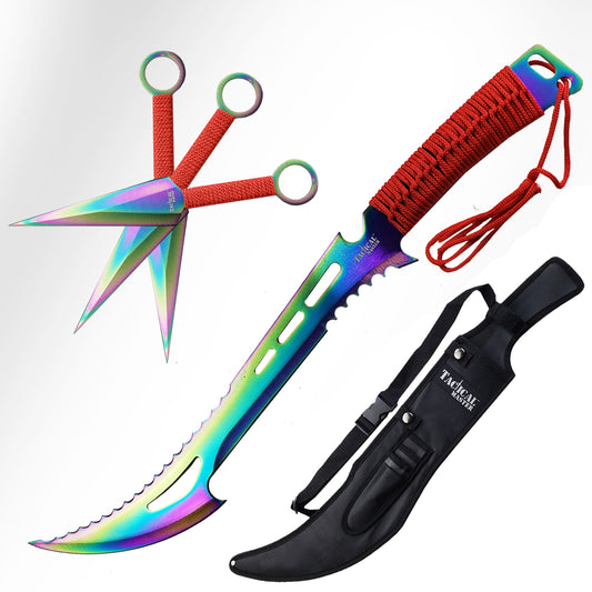 Tactical Master 26" Red Handle Rainbow Blade Machete with 3 pcs 6" throwing knife