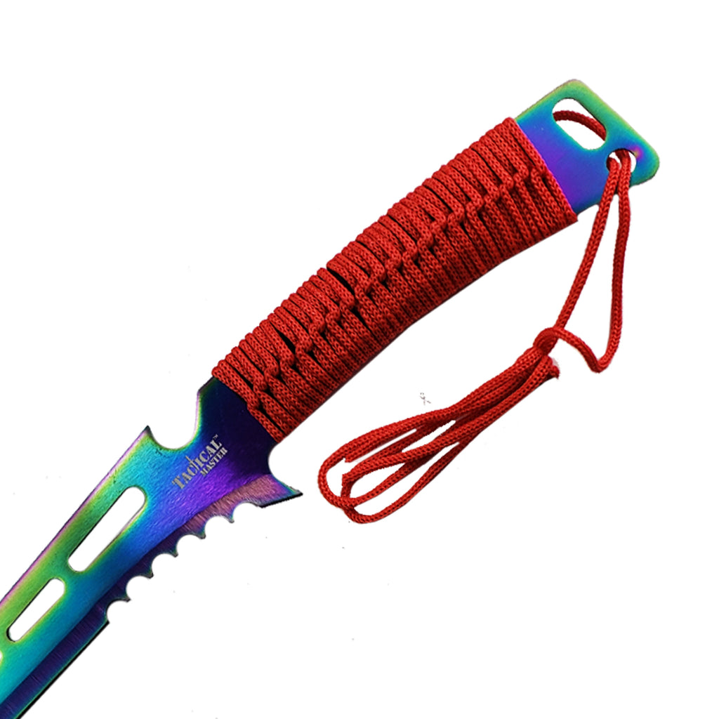 Tactical Master 26" Red Handle Rainbow Blade Machete with 3 pcs 6" throwing knife