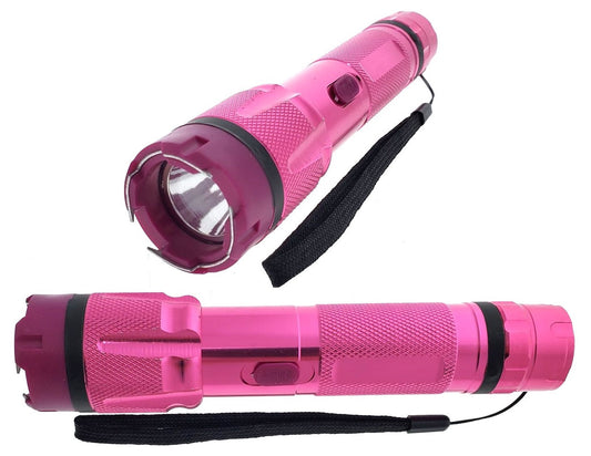 6.75" Pink Stun Gun with Flashlight featuring a textured grip and wrist strap for easy handling