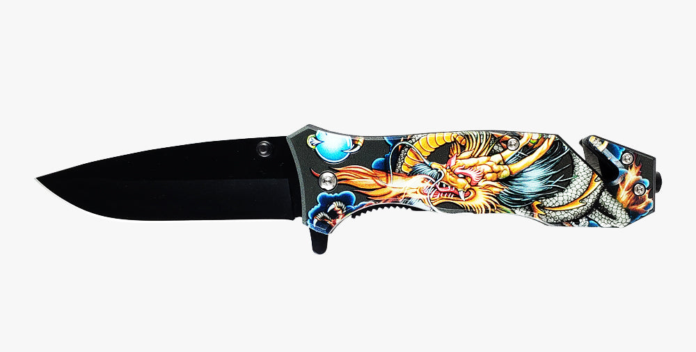 8" Spring Assisted Knife Dragon Print on Handle