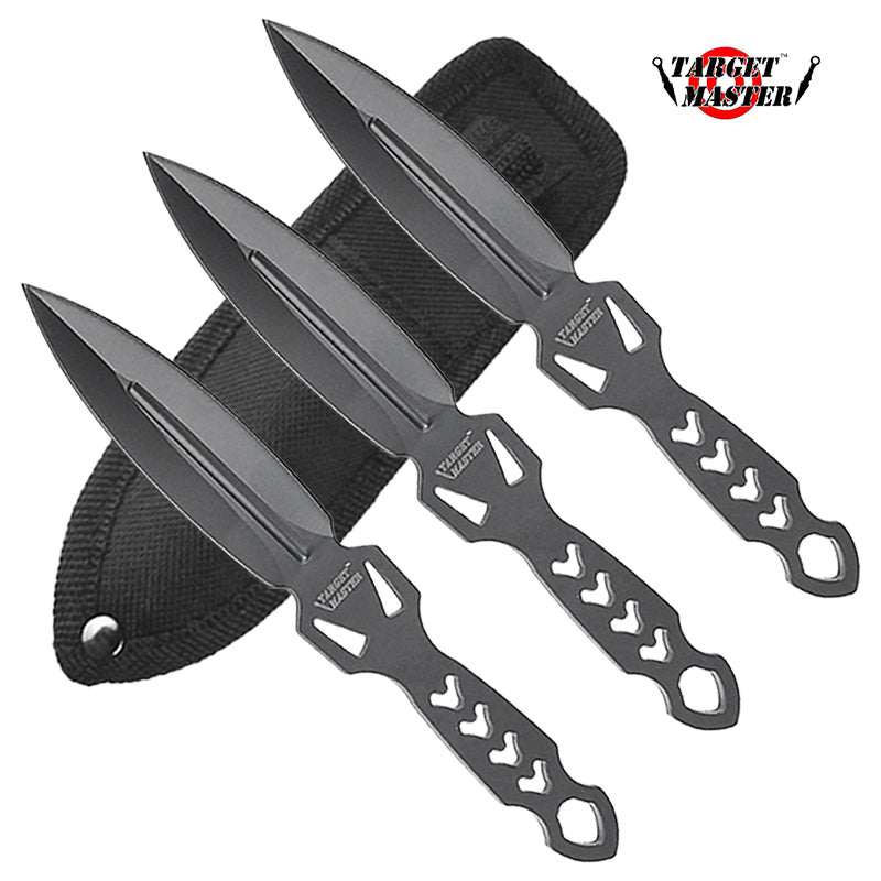 6" Overall 3 PC Black Cross Throwing Knife Set w/ Sheath