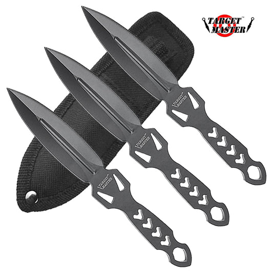 6" Overall 3 PC Black Cross Throwing Knife Set w/ Sheath