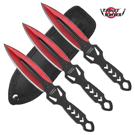 6" Overall 3 PC Red Spear Point Throwing Knife Set w/Sheath