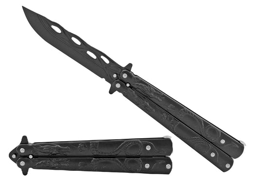 8" Overall Practice Butterfly Knife w/Dragon Engraved Handle Black
