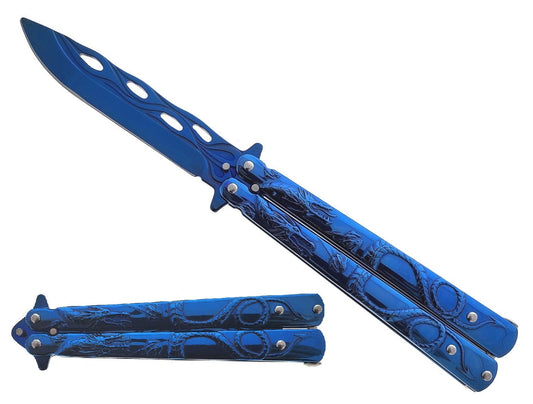 8" Overall Practice Butterfly Knife w/Dragon Engraved Handle Blue