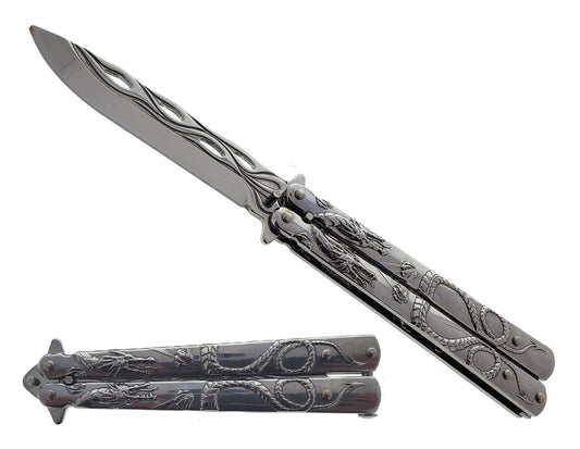 8" Overall Practice Butterfly Knife w/Dragon Engraved Handle Chrome