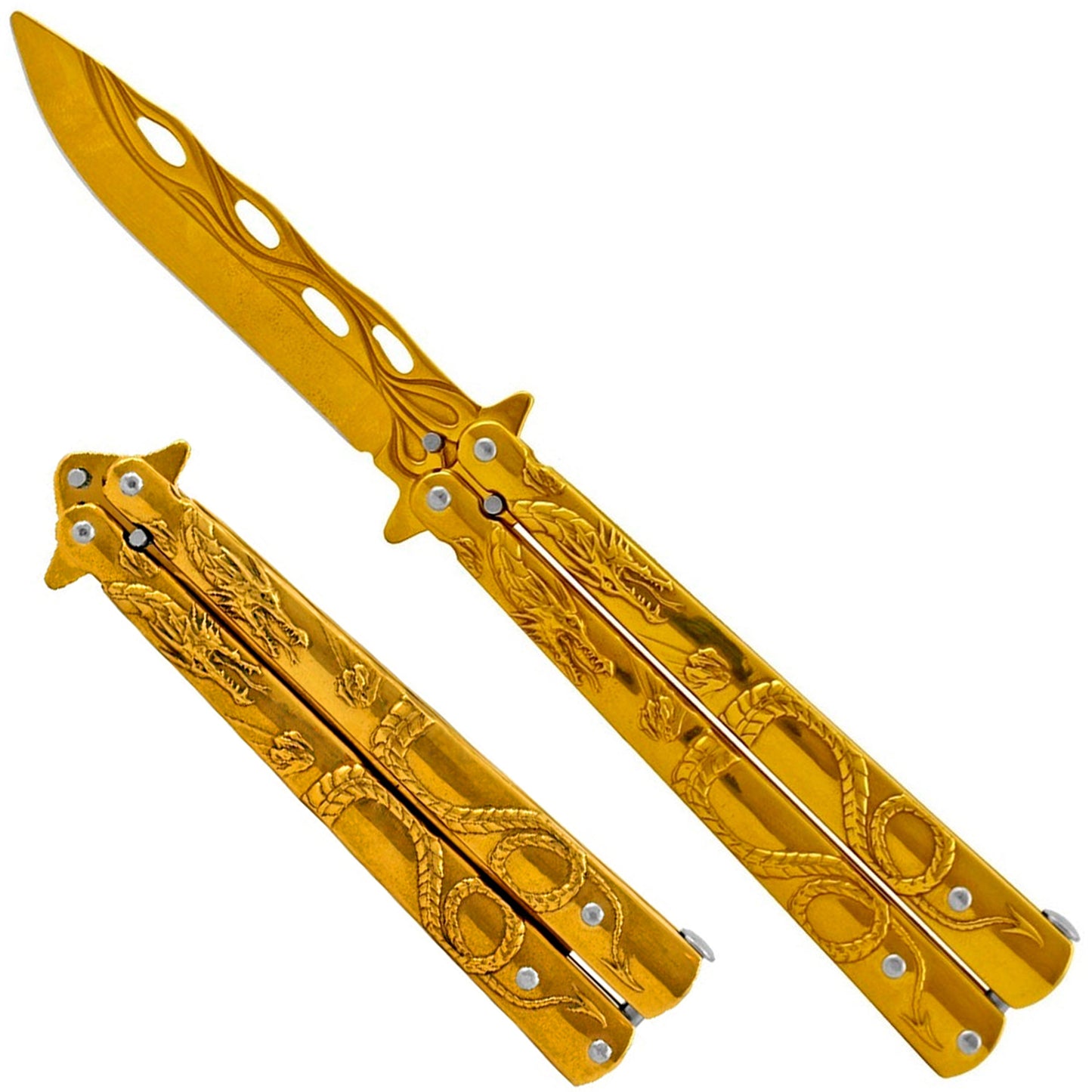 8" Overall Practice Butterfly Knife w/Dragon Engraved Handle Gold