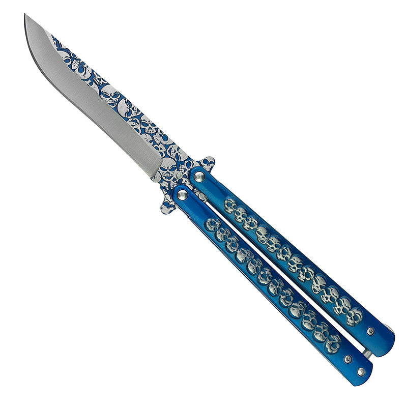 9.25" Blue Skulls Engraved Trainer Butterfly Knife