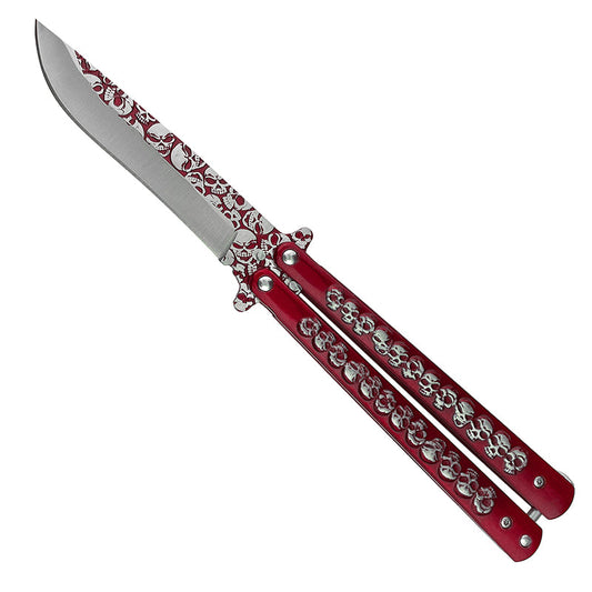 9.25" Red Skulls Engraved Trainer Butterfly Knife Trainer