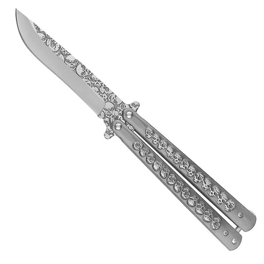 9.25" Silver Skulls Engraved Trainer Butterfly Knife