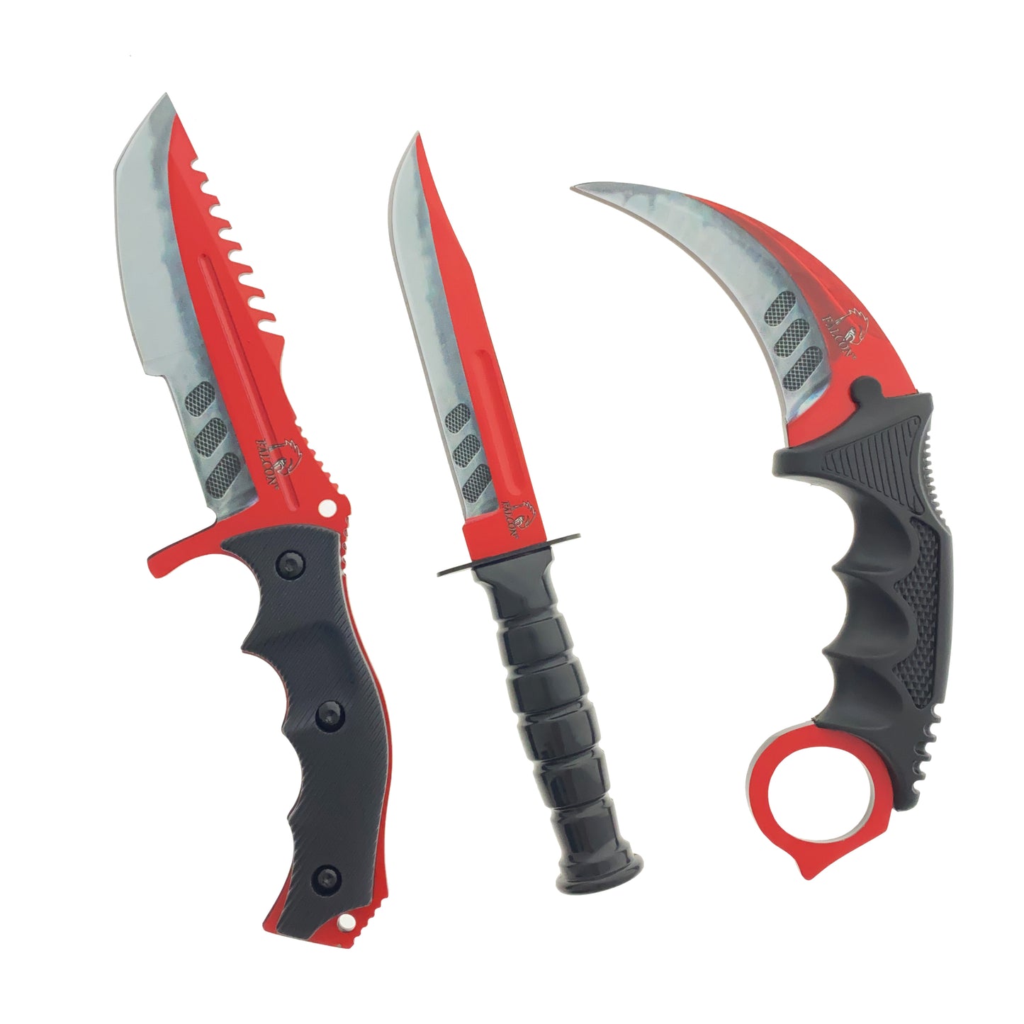 Falcon 3 PCS Red & Gray Set. Tactical Knives & Karambit