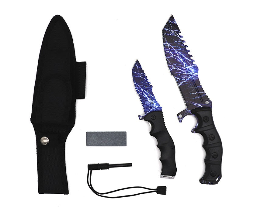 2 Pc Hunting Knives Set with Fire Starter, Sharpener and Sheath