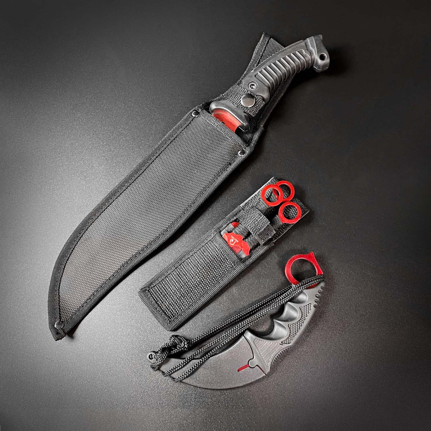 Falcon 5 Pieces Red Hunting Set (Machete, Karambit, Throwing Knives.)