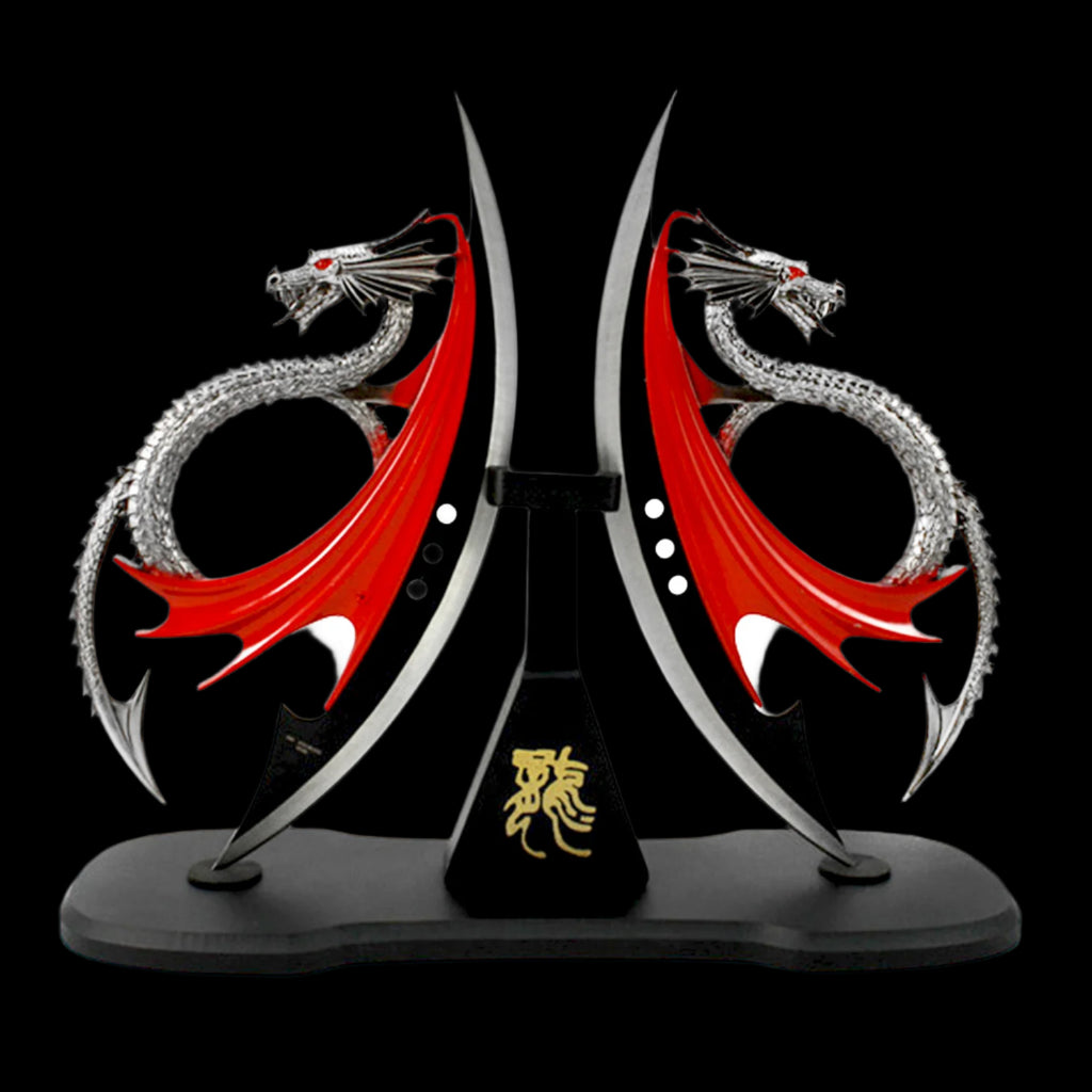 Twin Dragon Daggers with Engraved Wood Stand