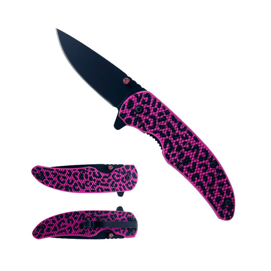 Falcon 7" Spring Assisted Knife Pink Cheetah handle