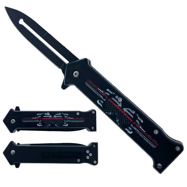 8" Spring assisted knife Red line skull