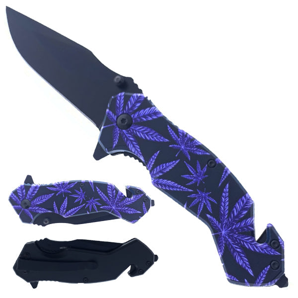 8" Black Coated Blade Purple Marijuana Spring Assisted Knife