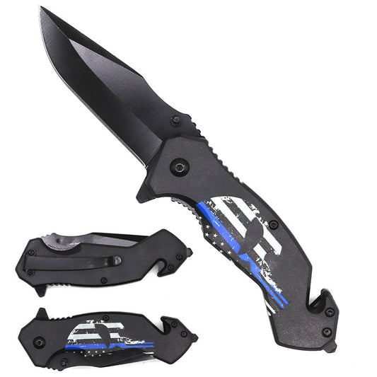 8" Black Coated Blade Blue Line Skull Spring Assisted Knife