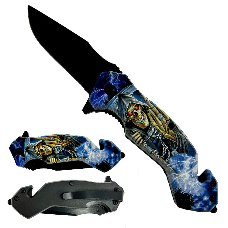 8" Skeleton Black Blade Spring Assisted Knife