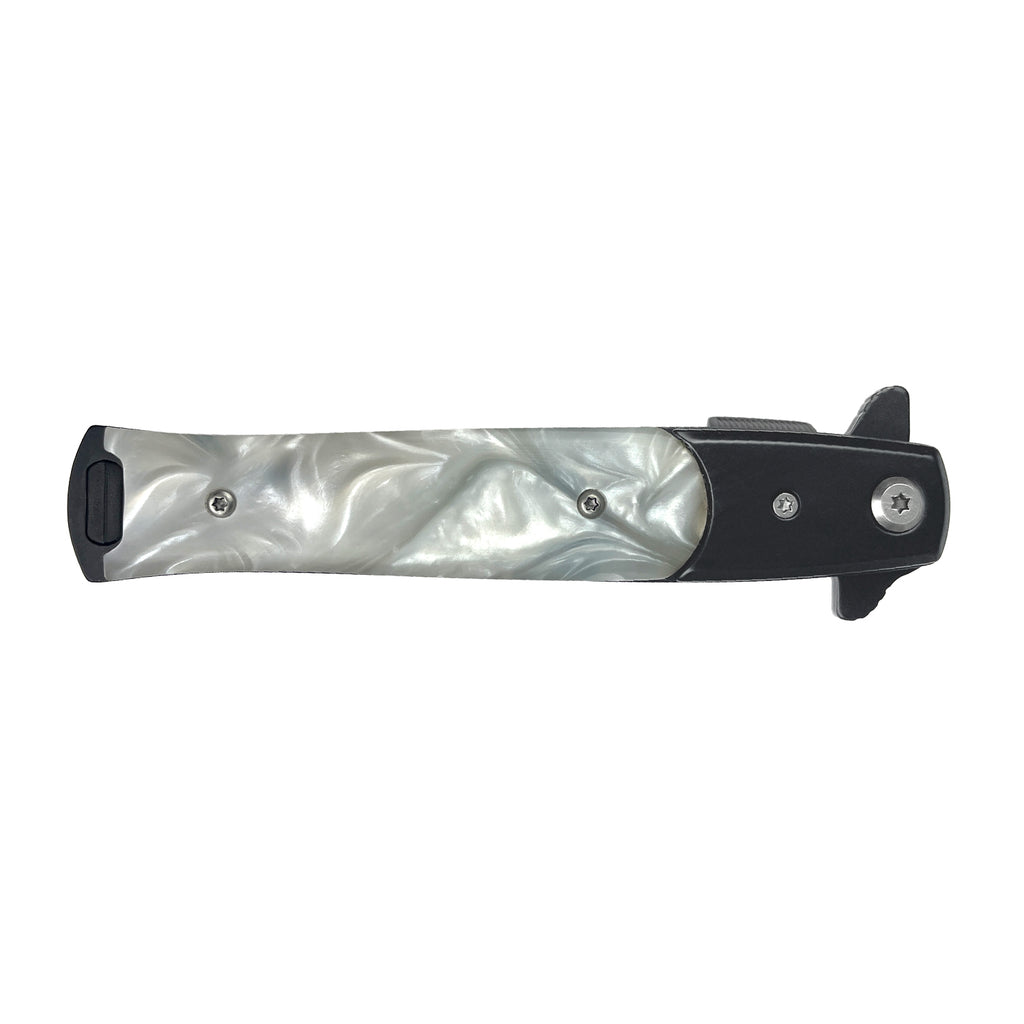 4" Black Blade / White Marble Handle / Assisted Knife
