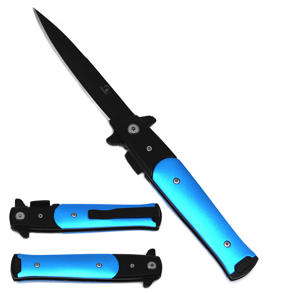 Falcon 8" Black Blade Blue Handle Spring Assisted Knife