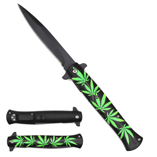 4" Black Blade & 4 7/8" Handle with Marijuana Leaves