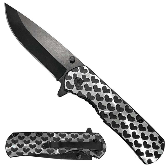 9" Spring Assisted Pocket Knife Black Hearts