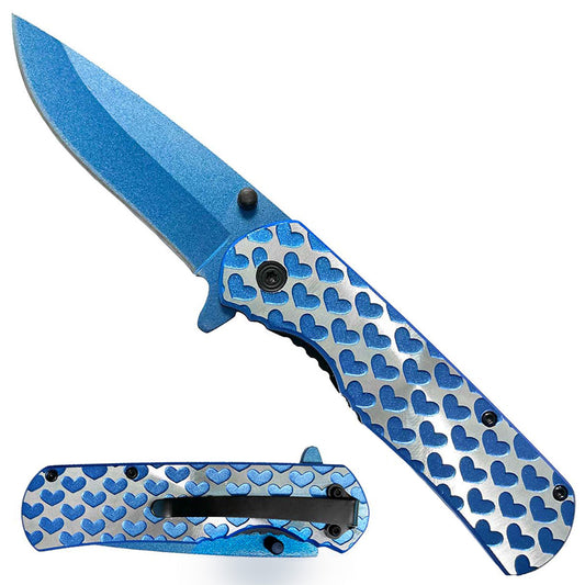 9" Spring Assisted Pocket Knife Blue Hearts