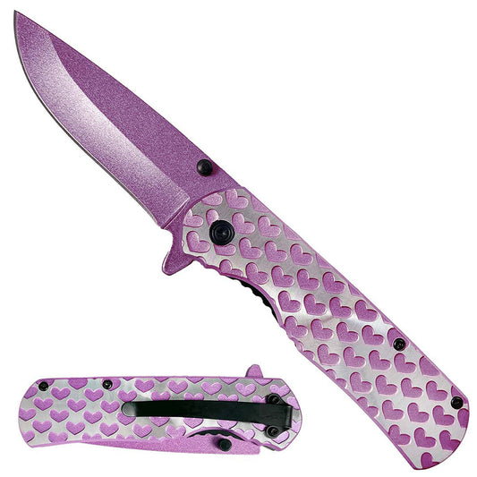 9" Spring Assisted Pocket Knife Pink Hearts