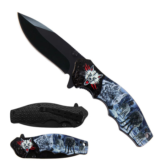 8 1/2" Spring Assisted Knife Wolf Design