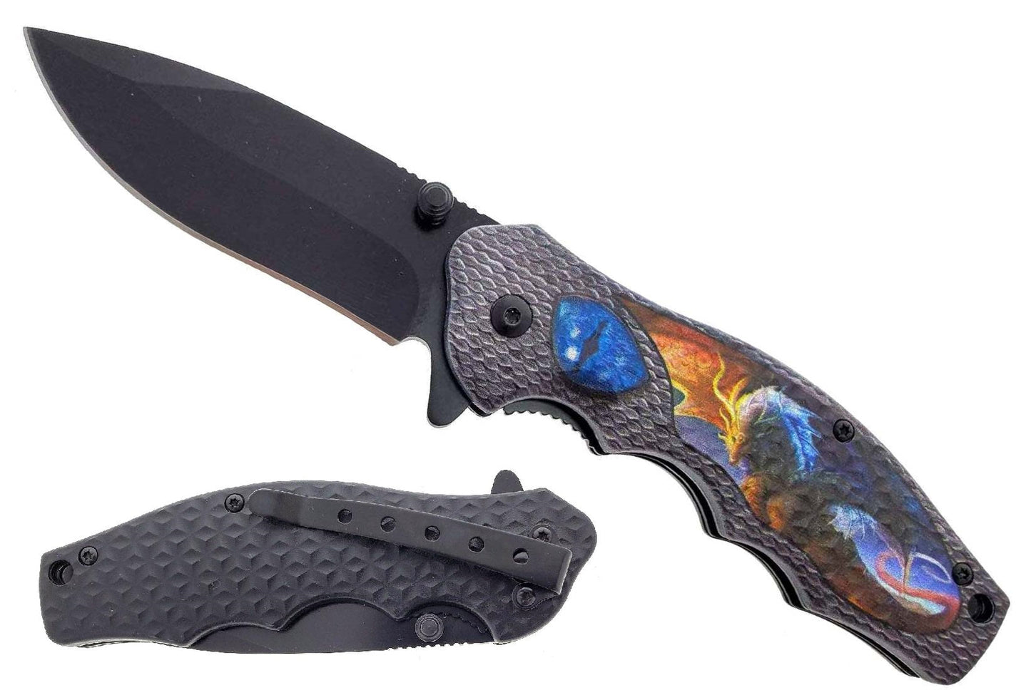 7.5" Spring Assisted Knife ABS Blue Dragon Design