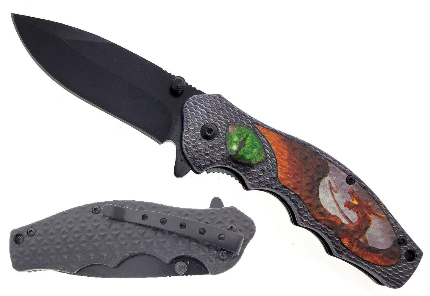 7.5" Spring Assisted Knife ABS Green Eye Dragon Design