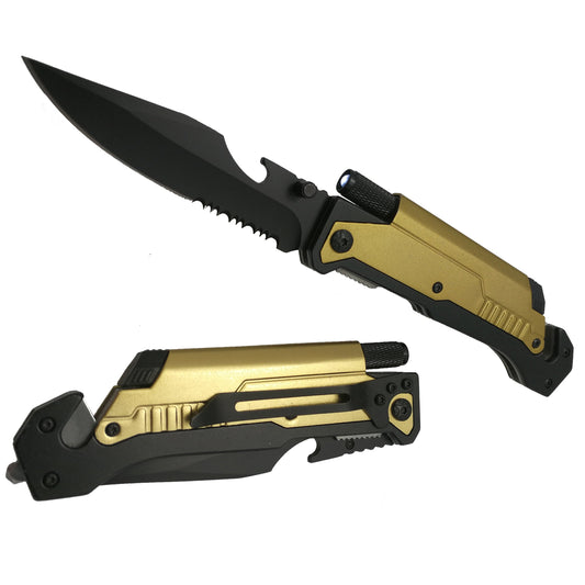 8 1/2" Folding Knife with LED light, cutter, glass breaker - Gold