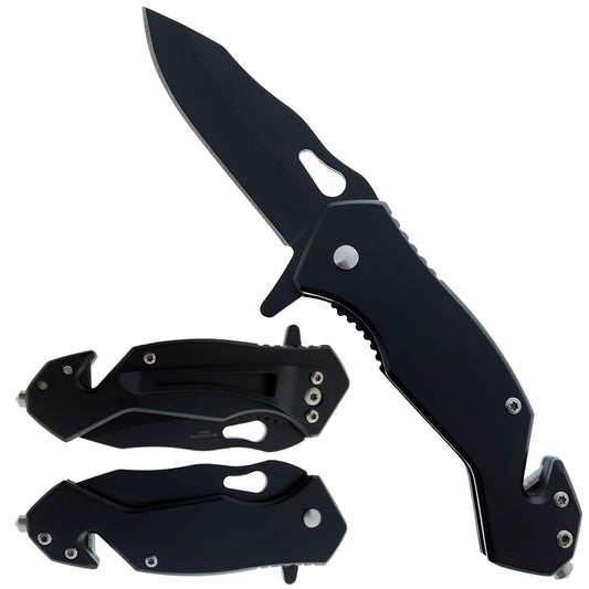 Black Spring Assisted Knife w/Cutter and Glass Breaker