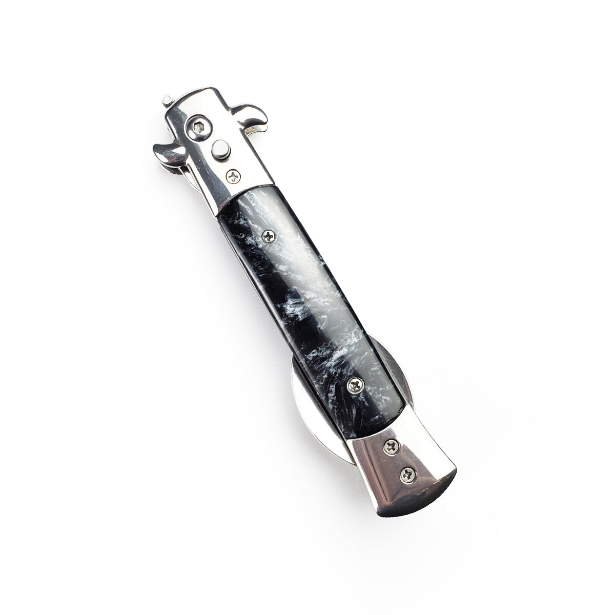 5" Spring Assisted Spoon with faux black marble handle, Gift knives and novelties
