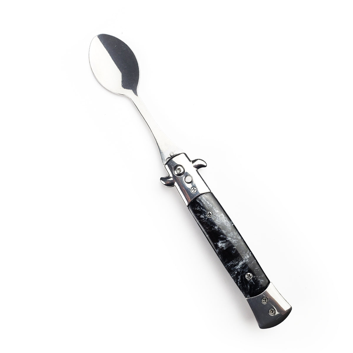5" Spring Assisted Spoon with faux black marble handle, Gift knives and novelties