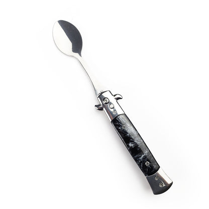 5" Spring Assisted Spoon with faux black marble handle, Gift knives and novelties