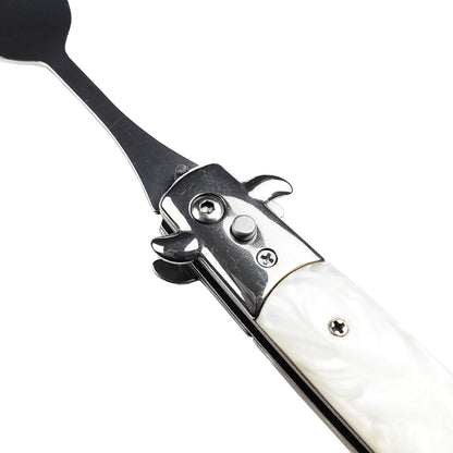 5" Spring Assisted Spoon with faux white marble handle, Gift knives and novelties