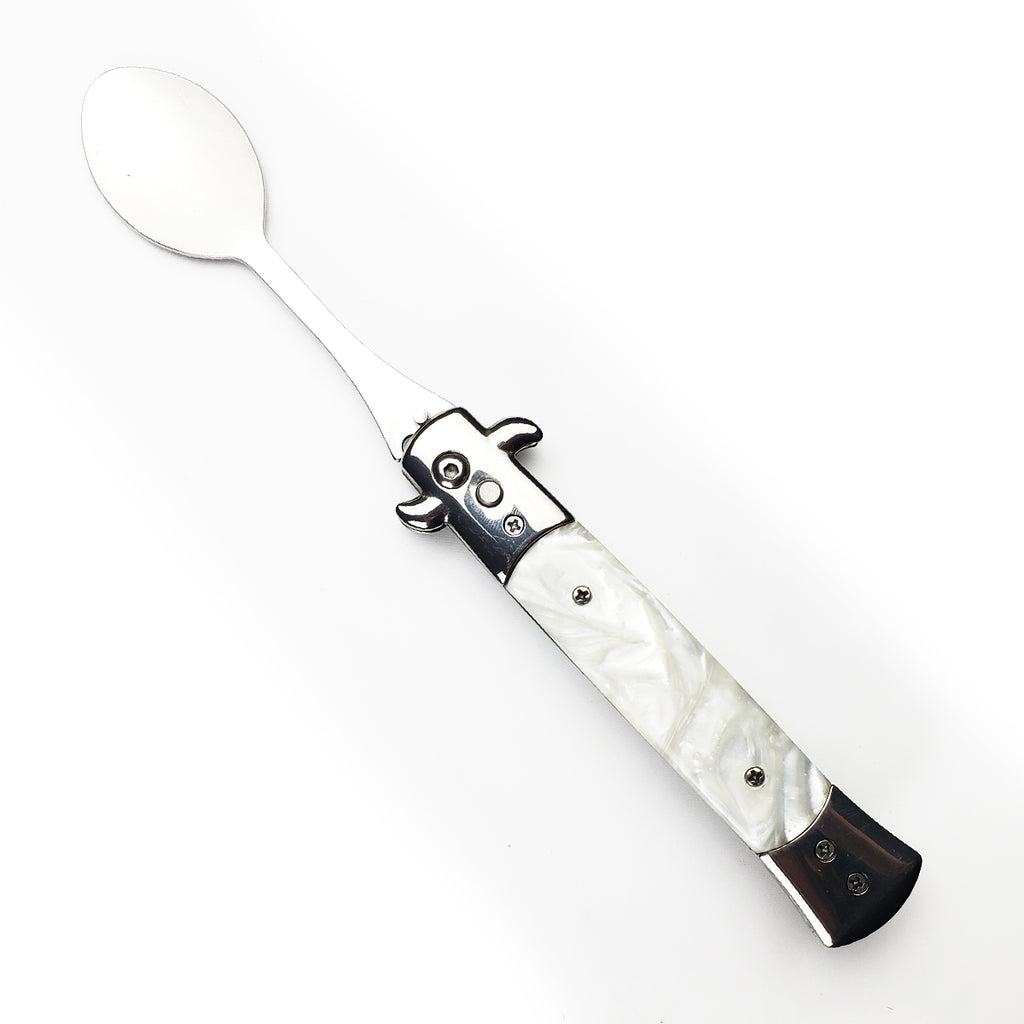 5" Spring Assisted Spoon with faux white marble handle, Gift knives and novelties