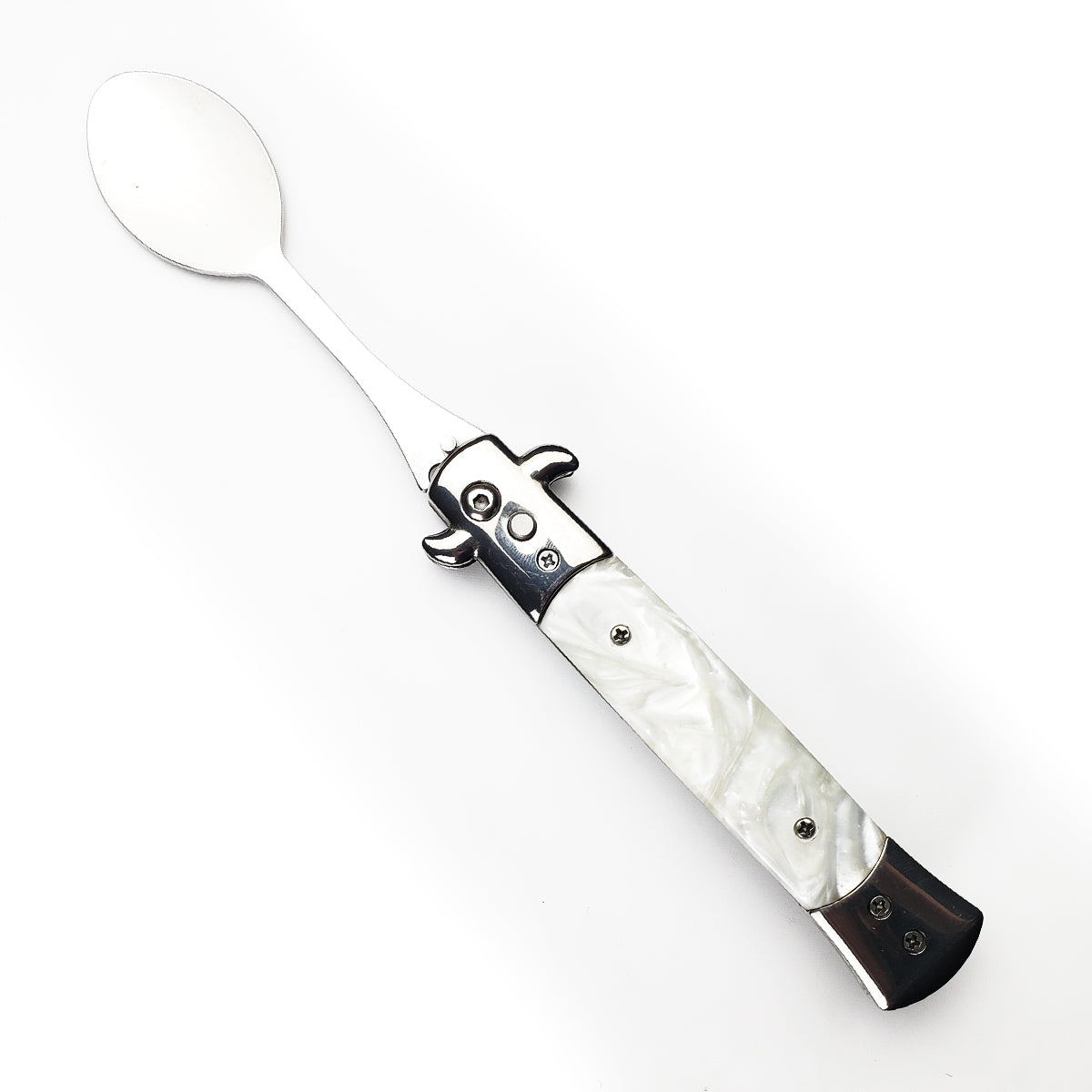 5" Spring Assisted Spoon with faux white marble handle, Gift knives and novelties