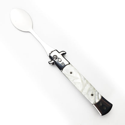 5" Spring Assisted Spoon with faux white marble handle, Gift knives and novelties