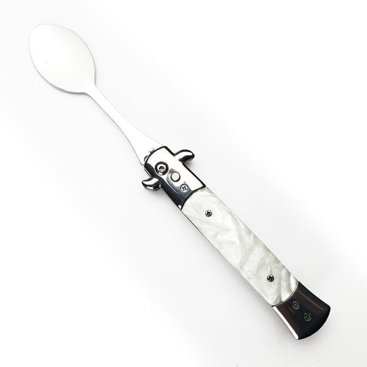 5" Spring Assisted Spoon with faux white marble handle, Gift knives and novelties