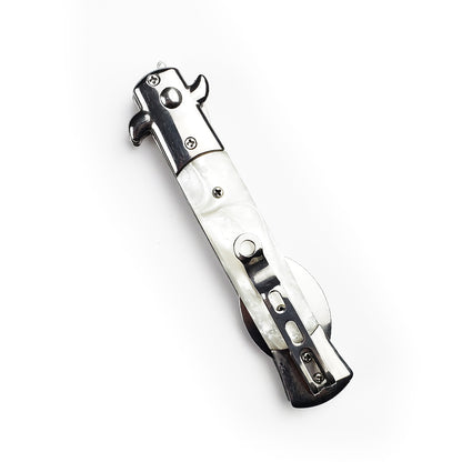 5" Spring Assisted Spoon with faux white marble handle, Gift knives and novelties