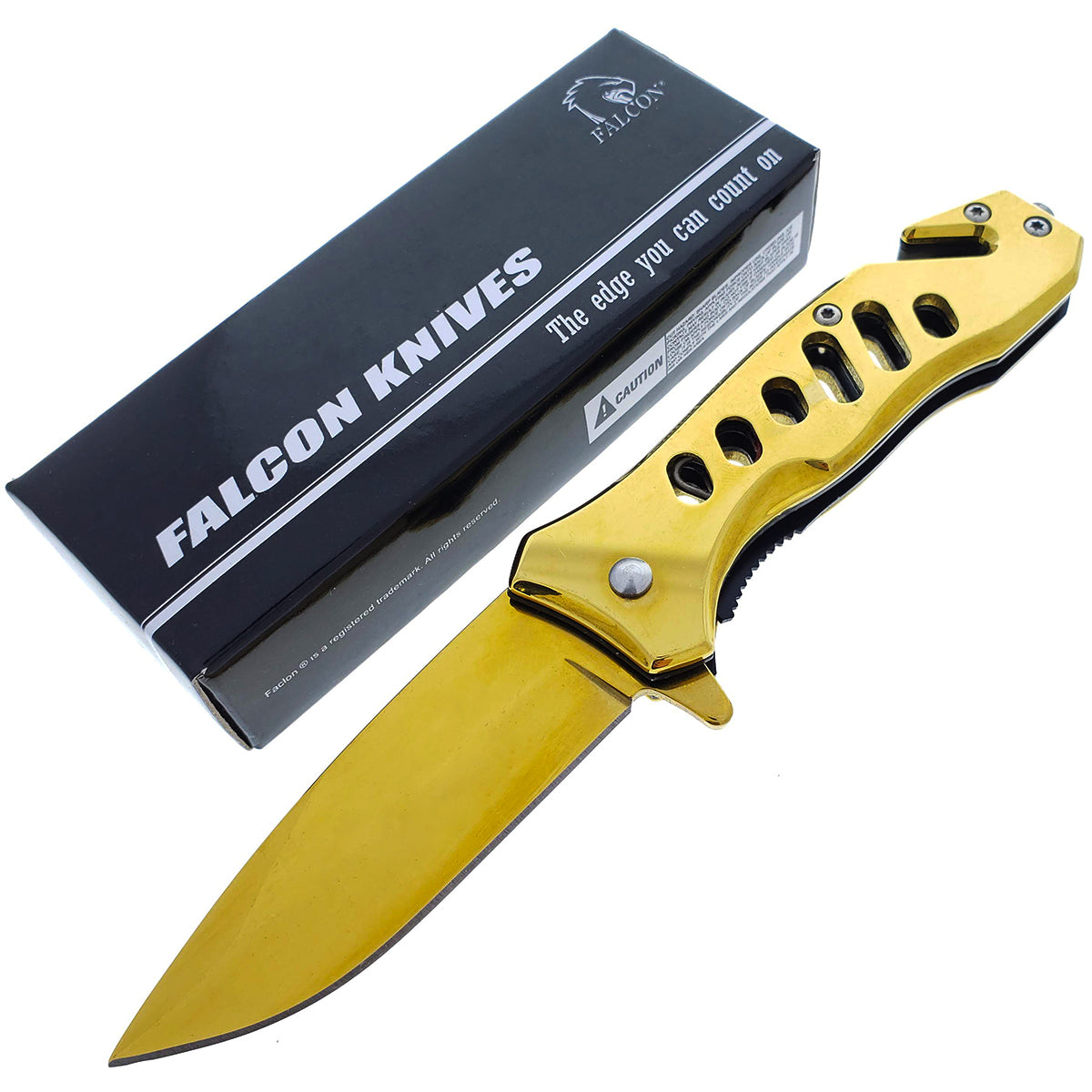 Falcon 6.5" Overall Spring Assisted Knife W/Seat Belt Cutter And Window Breaker Gold