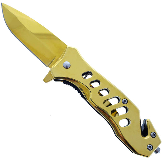 Falcon 6.5" Overall Spring Assisted Knife W/Seat Belt Cutter And Window Breaker Gold